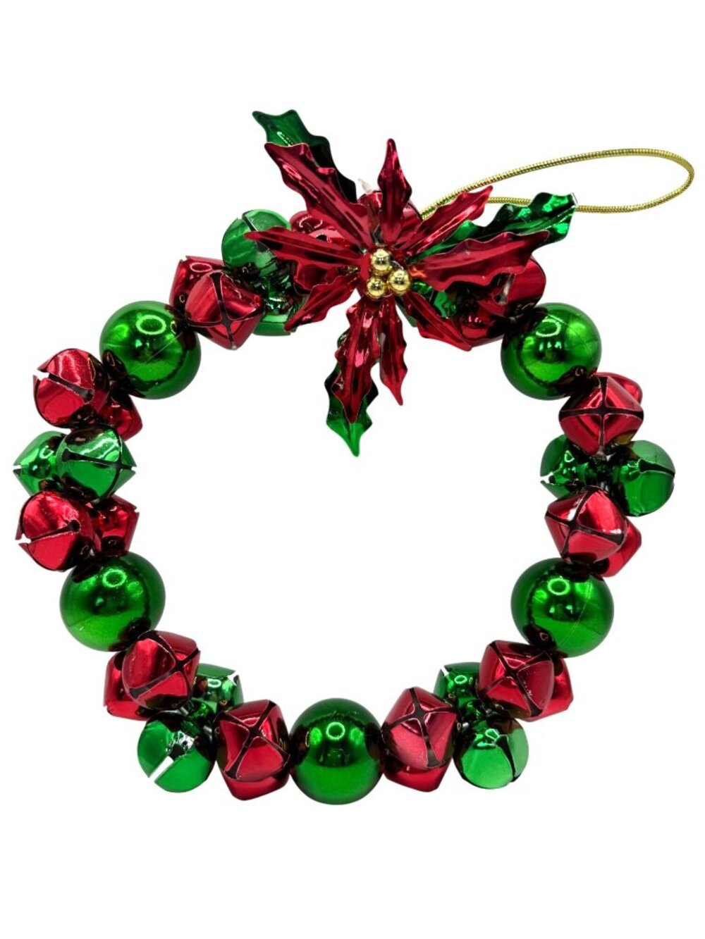 Jingle Bell Christmas Wreath Metal Vintage Red & Green Poinsettia 10" Holiday